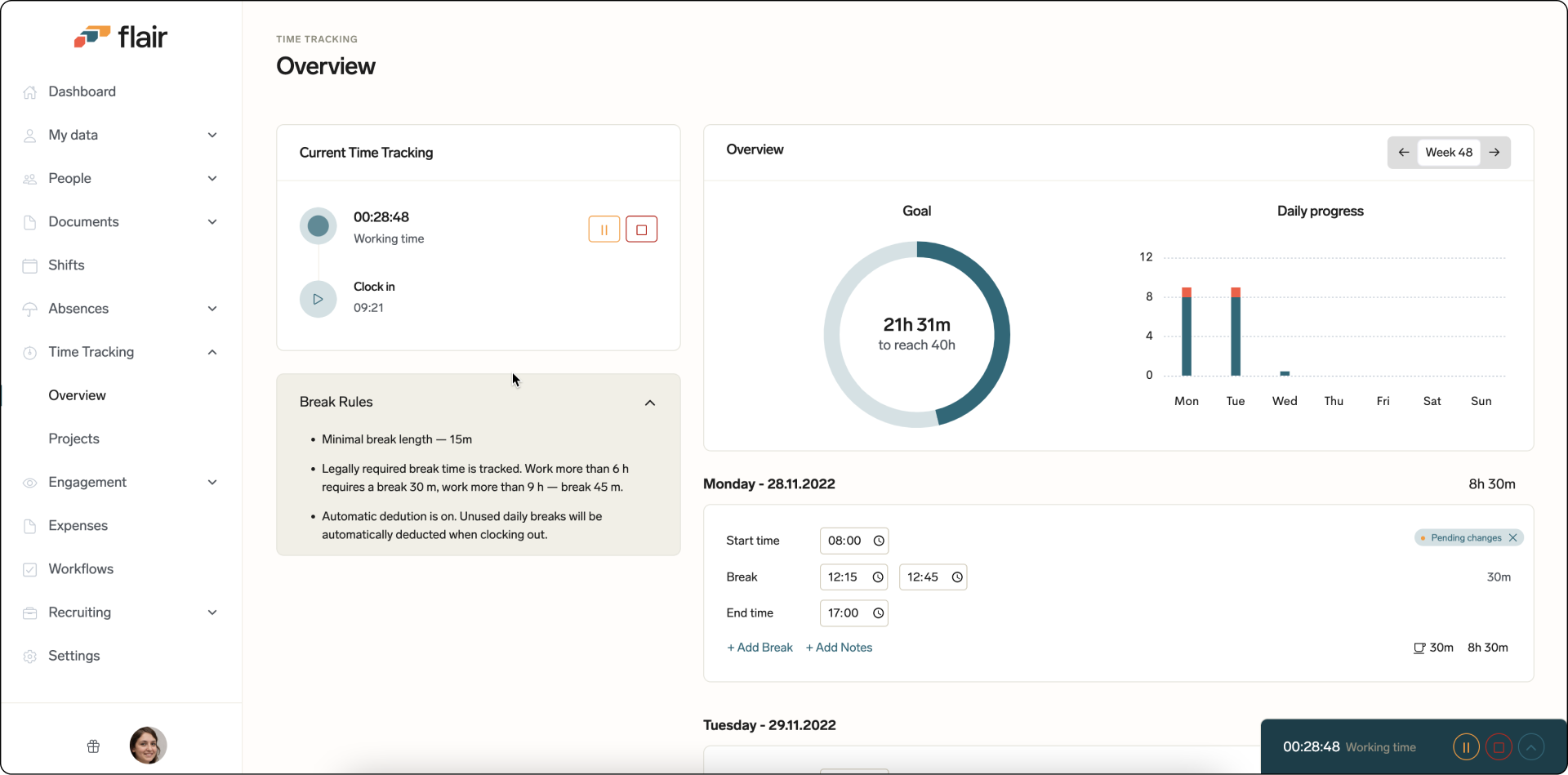 Zeiterfassung digital im Dashboard Overview
